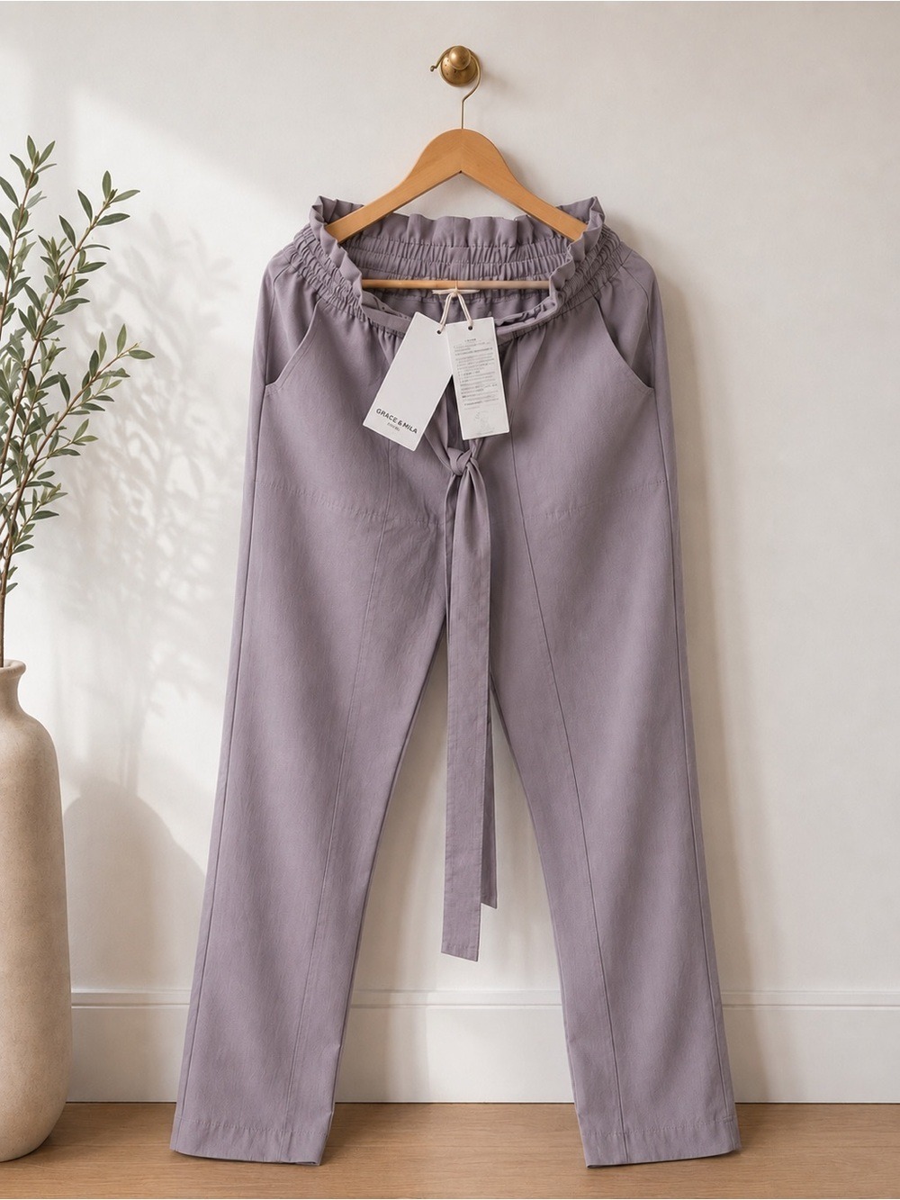🌸 NWT Grace Karin Mauve Gray Paper Bag High-Waisted Tie Waist Tapered Pants • L